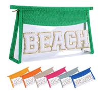 Ahdoma Beach Pouch Sunscreen Clear Makeup Bag Chenille Letter Beach Cosmetic Pouch Summer Essential Cute Toiletry Pouch Travel Accessories Gifts for Women, Green