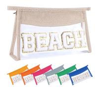 Ahdoma Beach Pouch Sunscreen Clear Makeup Bag Chenille Letter Beach Cosmetic Pouch Summer Essential Cute Toiletry Pouch Travel Accessories Gifts for Women, Ivory