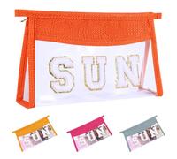 Ahdoma Beach Pouch Sunscreen Clear Makeup Bag Chenille Letter Beach Cosmetic Pouch Summer Essential Cute Toiletry Pouch Travel Accessories Gifts for Women, Orange, Sun