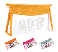 Ahdoma Beach Pouch Sunscreen Clear Makeup Bag Chenille Letter Beach Cosmetic Pouch Summer Essential Cute Toiletry Pouch Travel Accessories Gifts for Women, Yellow, Spf