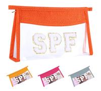 Ahdoma Beach Pouch Sunscreen Clear Makeup Bag Chenille Letter Beach Cosmetic Pouch Summer Essential Cute Toiletry Pouch Travel Accessories Gifts for Women, Orange, Spf
