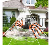 AHDXKUE Halloween Decorations Spider Web, Large Spider Web Decoration 49'' Giant Spider Outdoor+197'' Triangular Web with Hook, Stretch Web for Indoor Outdoor Garden Halloween Decor, Orange