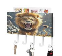 Ahdyr Angry Roaring Lion Key Holder Wall Mount Decorative Key and Mail Holder with 5 Hooks Key Hanger Organizer Pu Key Rack Decorative Home Decor for Wall Living Room Entryway Office White-Style