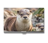 Ahdyr Business Card Holder Animal Cute Brown Otters Printed Pocket Name Card Case Slim Metal Business Card Organizer Credit Card Holder Buckle Style Shut for Men Women Agents