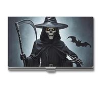 Ahdyr Business Card Holder Death Scythe Printed Pocket Name Card Case Slim Metal Business Card Organizer Credit Card Holder Buckle Style Shut for Men Women Agents