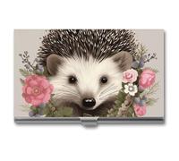 Ahdyr Business Card Holder Hedgehog in Floral Wreath Printed Pocket Name Card Case Slim Metal Business Card Organizer Credit Card Holder Buckle Style Shut for Men Women Agents