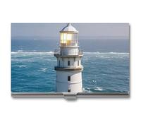 Ahdyr Business Card Holder Lighthouse Sandbeach Printed Pocket Name Card Case Slim Metal Business Card Organizer Credit Card Holder Buckle Style Shut for Men Women Agents
