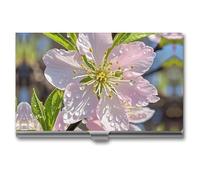 Ahdyr Business Card Holder Peach Cherry Blossom Printed Pocket Name Card Case Slim Metal Business Card Organizer Credit Card Holder Buckle Style Shut for Men Women Agents