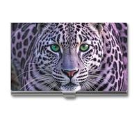 Ahdyr Business Card Holder Purple Leopard Printed Pocket Name Card Case Slim Metal Business Card Organizer Credit Card Holder Buckle Style Shut for Men Women Agents