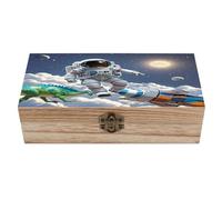 Ahdyr Funny Astronaut Dinosaur Rocket Wooden Jewelry Box Personalized Wood Keepsake Box Large Decorative Wooden Storage Boxes with Hinged Lid Rustic Style Wood Jewelry Organizer for Desk Home Office