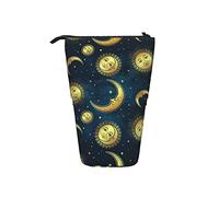 Ahdyr Gold Celestial Bodies Standing Telescopic Canvas Pencil Pouch with Zipper Stationery Pencil Case for Girls Women Boys
