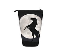 Ahdyr Horse Roaring Under The Moon Standing Telescopic Canvas Pencil Pouch with Zipper Stationery Pencil Case for Girls Women Boys
