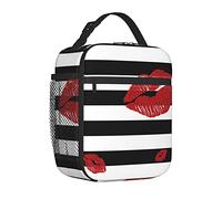 Ahdyr Men Women Adults Sexy Red Lips Black White Stripes Art Lunchbox Sandwich Bag for Office Work, Waterproof Polyester Lunch Tote Bag Container to Keep Food Hot/Cold