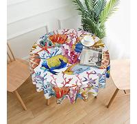 Ahdyr Round Fall Tablecloth 60 Inches Waterproof Kitchen Cloth Fish Ocean Coral
