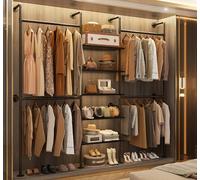 Aheaplus Industrial Pipe Clothing Rack, 5 Tier Wall Mounted Garment Rack for Walk-in Wardrobe, Black