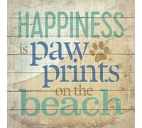 Ahee Funny Metal Sign Tin Sign Happiness is Pawprints On The Beach - Word Art Print On Wood. Metal Sign Tin Sign with Funny Saying 8" X 8"