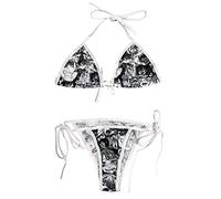 Ahegao Face String Bikini Lolita Japanese Manga Sexy Lingerie Anime Bra and Thong Set (Grey, Free Size)
