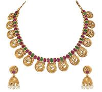 Aheli Beautiful Wedding Wear Indian Laxmi Goddess Faux Stone Studded Floral Design Crafted Necklace Earrings Set Ethnic Fashion Jewelry Gift for Women (Red-Green Stone Bead hanging), a metal