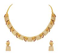 Aheli Beautiful Wedding Wear Indian Laxmi Goddess Faux Stone Studded Floral Design Crafted Necklace Earrings Set Ethnic Fashion Jewelry Gift for Women Red