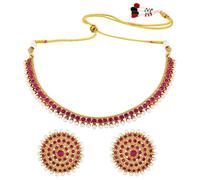 Aheli Bollywood Fashion Faux Stone Wedding Necklace Big Earrings Indian Fashion Jewelry Set for Women (Pink)