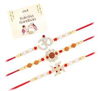 Aheli Crystals & Beads Studded Om Swastik Rakhi for Brother Raksha Bandhan Rakhi with Greeting Card (Combo, Pack of 3)