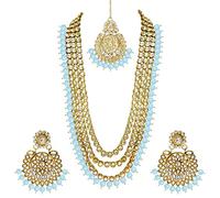 Aheli Indian Ethnic Wedding Faux Kundan Beaded Bridal Long Necklace Earrings with Maang Tikka Traditional Jewellery Set for Women, Metal, not known (AH-PF25BRLS106SB), Sky Blue