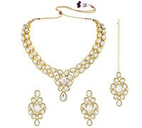 Aheli Indian Traditional Bollywood Kundan Maang Tikka Earrings Necklace Set Ethnic Jewelry for Women