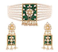 Aheli Indian Traditional Enamel Faux Pearl Strand Necklace Earrings Bollywood Style Jewelry Set Gift for Women Green, Faux Pearl