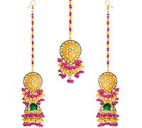 Aheli Indian Traditional Faux Beads Tassel Studded Enamel Jhumki Earrings with Maang Tikka Set Ethnic Wedding Fashion Party Jewellery for Women