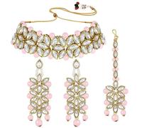 Aheli Indian Traditional Faux Kundan Pearl Bridal Choker Necklace Jewelry Set with Earring Maang Tikka Gift for Women, Silver