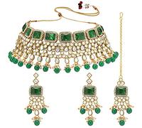 Aheli Kundan and Simulated Colored Stones Indian Ethnic Maang Tikka Necklace and Earrings Set Bollywood Festive Statement Jewelry Gift for Women