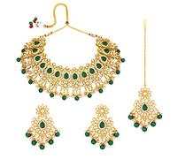 Aheli Kundan Dangling Pearls Necklace Earring With Maangtikka Bharatanatyam jewellery set Gift for Women, 7"