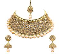 Aheli Multi Layered Faux Pearl Beaded Kundan Necklace with Dangle Earrings Indian Bollywood Jewelry for Women