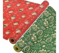 AhfuLife 2 Rolls Christmas Wrapping Paper, 43cm x 15M Xmas Wrapping Paper Rolls Recyclable Kraft Paper for Boxes Wrap Birthday Party Decorations (XMAS Gnome/Christmas Tree)