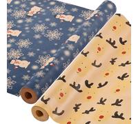 AhfuLife 2 Rolls Christmas Wrapping Paper for Gift, 43cm x 15M Xmas Wrapping Paper Rolls Recyclable Kraft Paper for Christmas Boxes Wrap Birthday Festival Party Decorations (Blue Snowman/Reindeers)