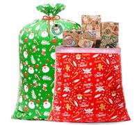 AhfuLife 2Pcs Jumbo Christmas Sacks Bags with Gift Tags, 142 x 92cm, 2 Style Extra Large Xmas Gift Sacks with Cords, Reusable Giant Plastic Christmas Bags for Xmas Gift Home Party Favors
