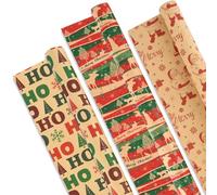 AhfuLife 3 Long Rolls Christmas Wrapping Paper for Gift, 60cm x 6.5M Jumbo Xmas Wrapping Paper Rolls Recyclable Kraft Paper for Large Christmas Wrap Birthday Party Decorations