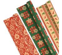 AhfuLife 3 Long Rolls Christmas Wrapping Paper for Gift, 60cm x 6.5M Jumbo Xmas Wrapping Paper Rolls Recyclable Kraft Paper for Large Christmas Wrap Birthday Party Decorations