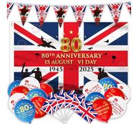 AhfuLife VJ Day 80th Anniversary Flag Bunting Decorations Set, 80 Years VJ Day 80th Anniversary Banner, Bunting, 15pcs Balloons, 15pcs Union Jack Flag on Sticks for Decorations