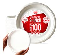 AHG 100 Pack 9-Inch Bagasse Plates | Heavy Duty Compostable Sugarcane Plates | Eco-Friendly Biodegradable Disposable Plates for Parties, BBQ, Picnics, Camping, Catering & Everyday Dining