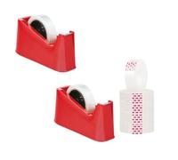 AHG 2 Pack Heavy Duty Desk Tape Dispensers - Red Weighted Non-Slip Base with Serrated Cutting Blade | Includes 6 Clear 19mm Tape Rolls & 1 Extra Spindle | Fits Standard 33m & 66m Length Rolls