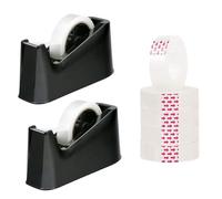 AHG 2 Pack Heavy Duty Desk Tape Dispensers - Weighted Non-Skid Base with Sharp Cutting Blade | Black Desktop Tape Holders with 6 Clear Tape Rolls & 1 Extra Spindle