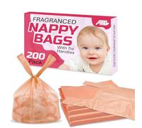 AHG 200 Nappy Bags with Tie Handles | Fragranced Odour Control, Leak-Proof & Durable | Disposable Baby Diaper Bags for Hygienic & Convenient Travel Use