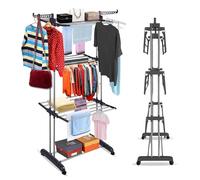AHG 3-Tier Clothes Drying Rack Black - Foldable Adjustable Laundry Airer with Side Wings & Wheels | Heavy Duty Indoor Outdoor Clothes Horse Hanger Stand | Portable Drying Rack for Home
