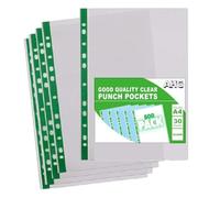 AHG 500 Pack A4 Punched Pockets 30 Micron - Green Reinforced Plastic Wallets | Clear Poly Pockets for Ring Binders & Lever Arch Files | Top-Loading A4 Sleeves for Office, School & Home