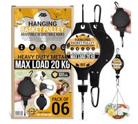 AHG 6 Pack Hanging Basket Pulley Hooks | Adjustable Retractable Plant Hanger Pulley for Hanging Baskets, Bird Feeders & Garden Decor | Heavy Duty Metal Pulley System, Max Load 20kg Each