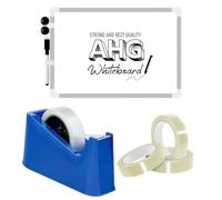 AHG Blue Desk Tape Dispenser Set with Tape & Extra Spindle + 3 Rolls 24mm Cello Tape + A3 Double-Sided Magnetic Whiteboard (30x40cm) with Marker & Magnets - Heavy Duty Office, School & Home Stat
