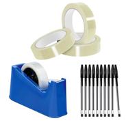 AHG Blue Heavy Duty Tape Dispenser with Weighted Non-Slip Base + 3 Extra Cello Tapes (24mm) & 10 Black Medium Tip Biro Pens - Durable Sharp Cutting Blade - Complete Office, School & Home Station