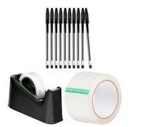 AHG Desk Tape Dispenser Set - Heavy Duty Weighted Base with 1 Roll Tape + 3 Extra Clear Cello Tapes (24mm) + 10 Black Ballpoint Pens - Stationery Bundle for Home, Office & School Use