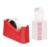 AHG Heavy Duty Desk Tape Dispenser Red with 6 Clear Tape Rolls - Weighted Non-Slip Base | Sharp Steel Cutting Blade | One-Hand Use | Compatible with Sellotape, Scotch & Packing Tape